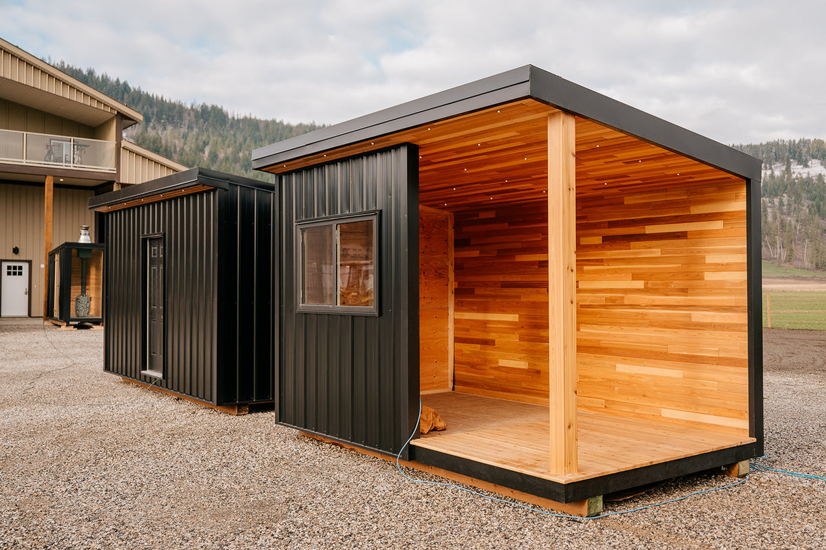 Full Urban Outdoor Sauna, Bar, and Shed Setup