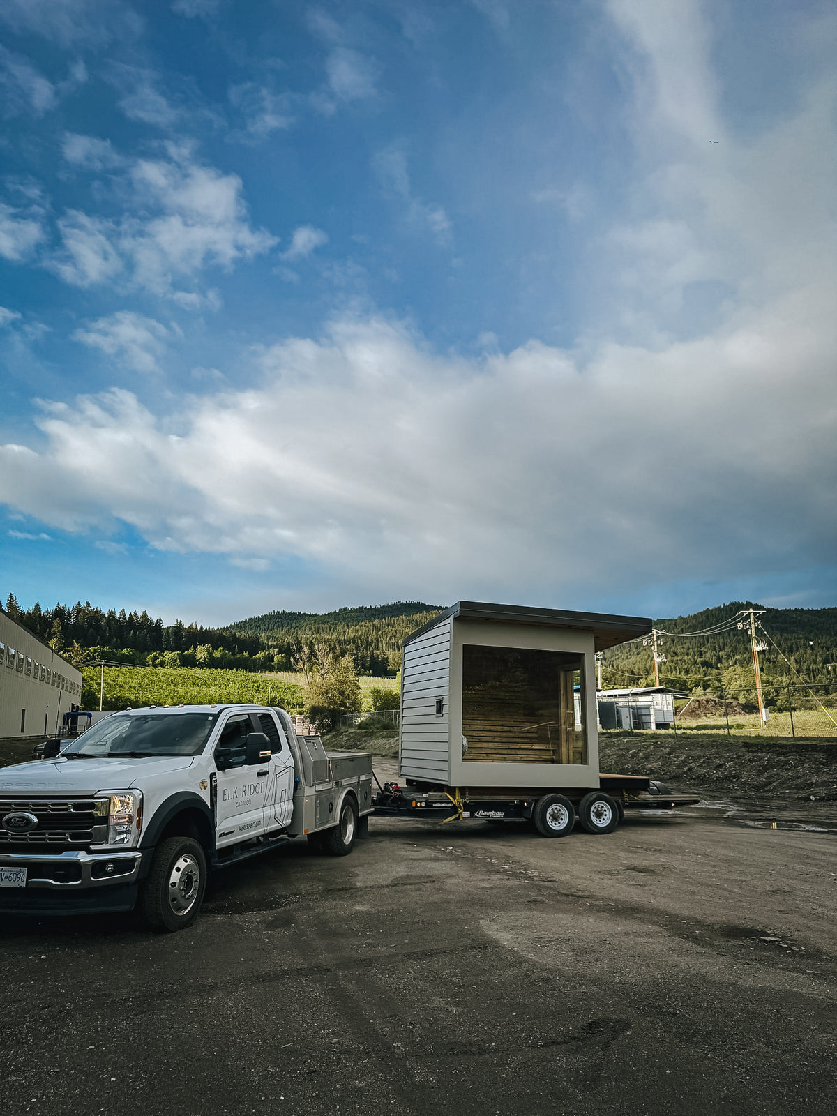 Finished 8x12 Mode Sauna loaded on a trailer at the Elk Ridge Modular shop