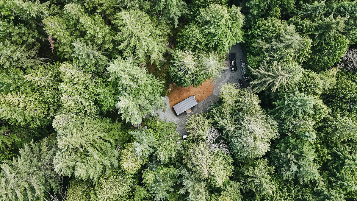 High top-down drone view of a modular cabin and its driveway through the forest near Sooke, BC