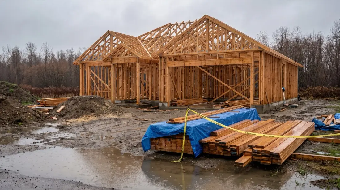 A conventional stick-built house still being framed in the rain