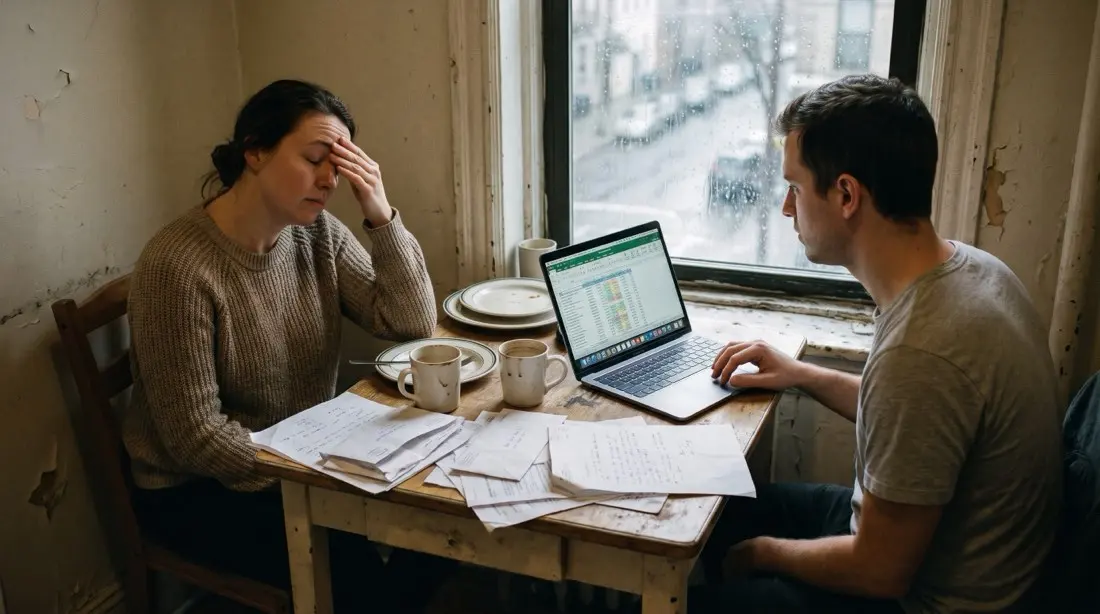 A stressed couple going over contractor quotes at a rental kitchen table