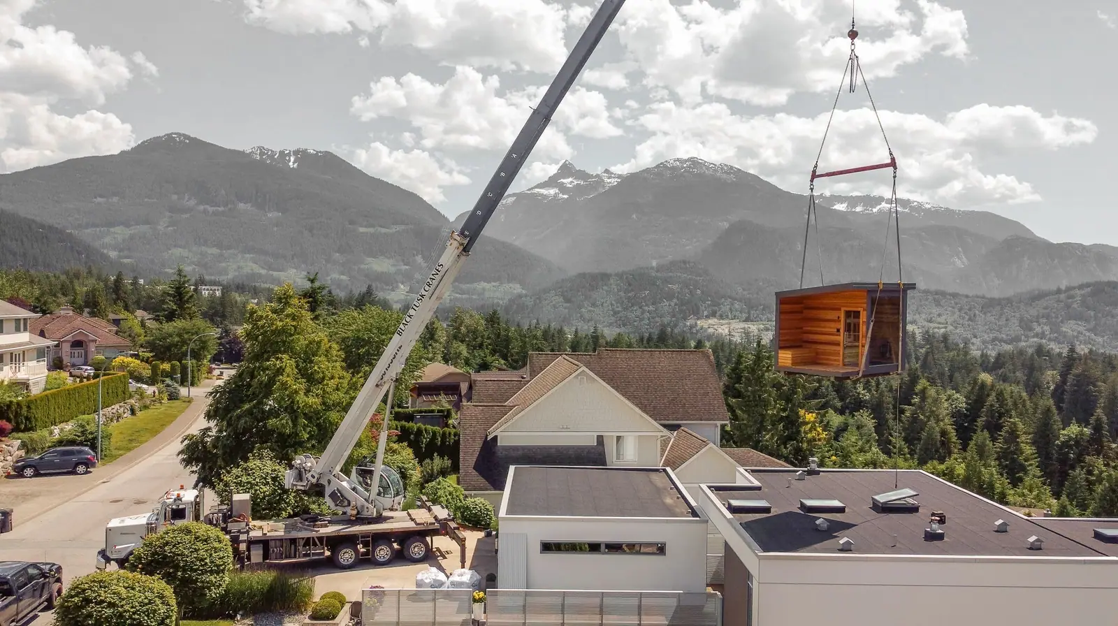 Sauna Install with Three-Story Crane Lift