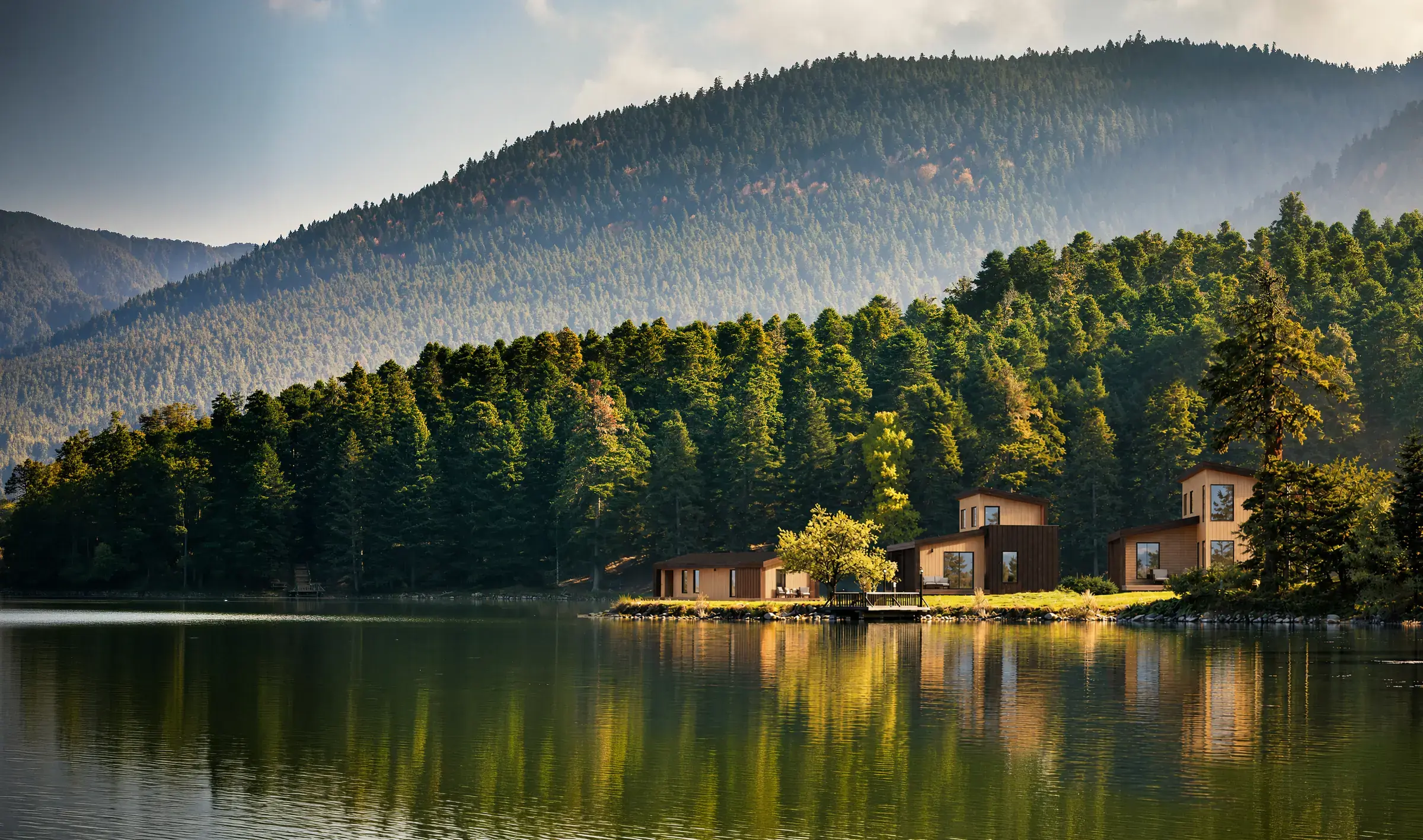 Placemark cabins on a forested lakeshore